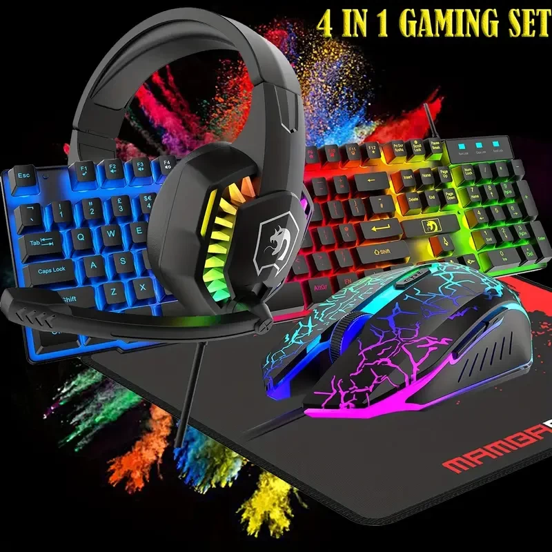 Wired Gaming Keyboard And Mouse And Mouse Pad And Gaming Headset And Speaker 5 In 1 Combo ,Rainbow LED Backlit Keyboard,Over Ear Headphone With Mic,Gaming Mice,Mouse Pad,for PC Gamers/Xbox/PS4