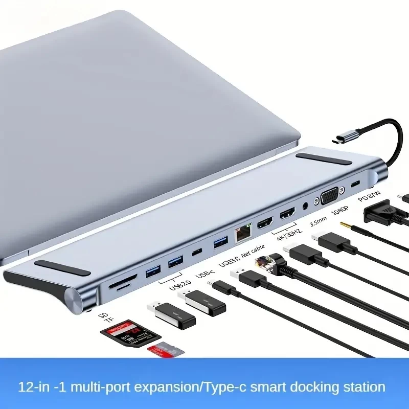 YINICE AUG USB C Docking Station, 12 In 1 Triple Display USB C Hub With Expansion Port USB3.0*1/USB2.0*3/HDMI*2/VGA*1/ 100 Mbit/s NIC *1/USB-C PD Charging *1/TF *1 SD *1/ Audio 3.5mm For MacBook & Win