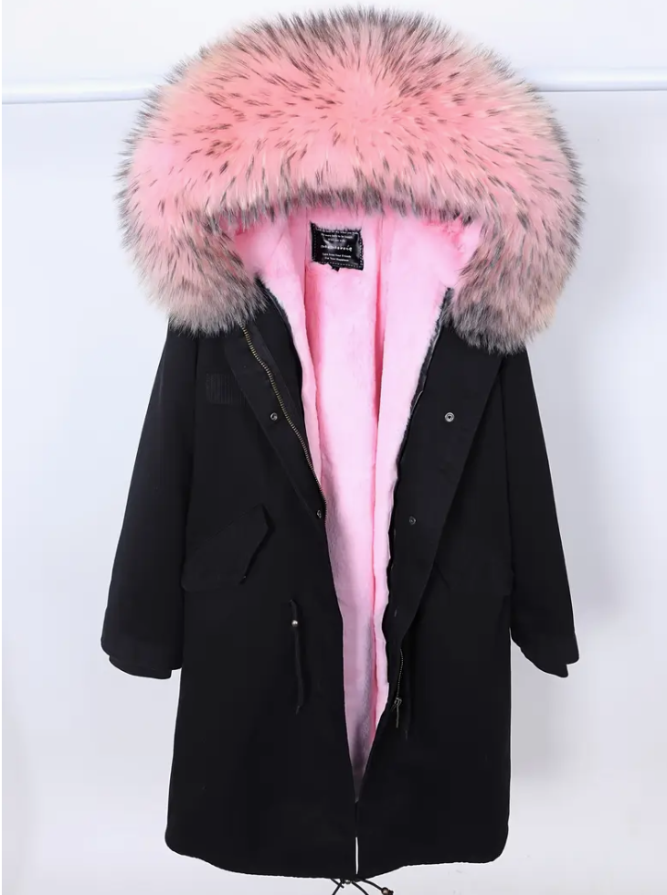 A women's knee-length polyester winter coat with detachable fur imitation hat and pink lining, long sleeve solid color trench coat with pockets, non-elastic woven dovetail design