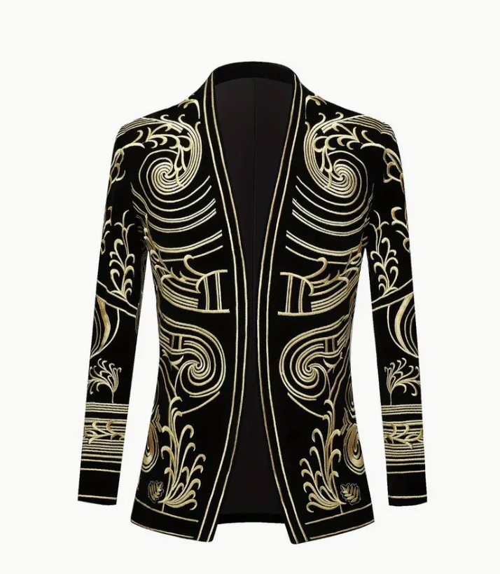 Classic high-end men's fashion Court Prince Black velvet gold thread embroidered suit jacket