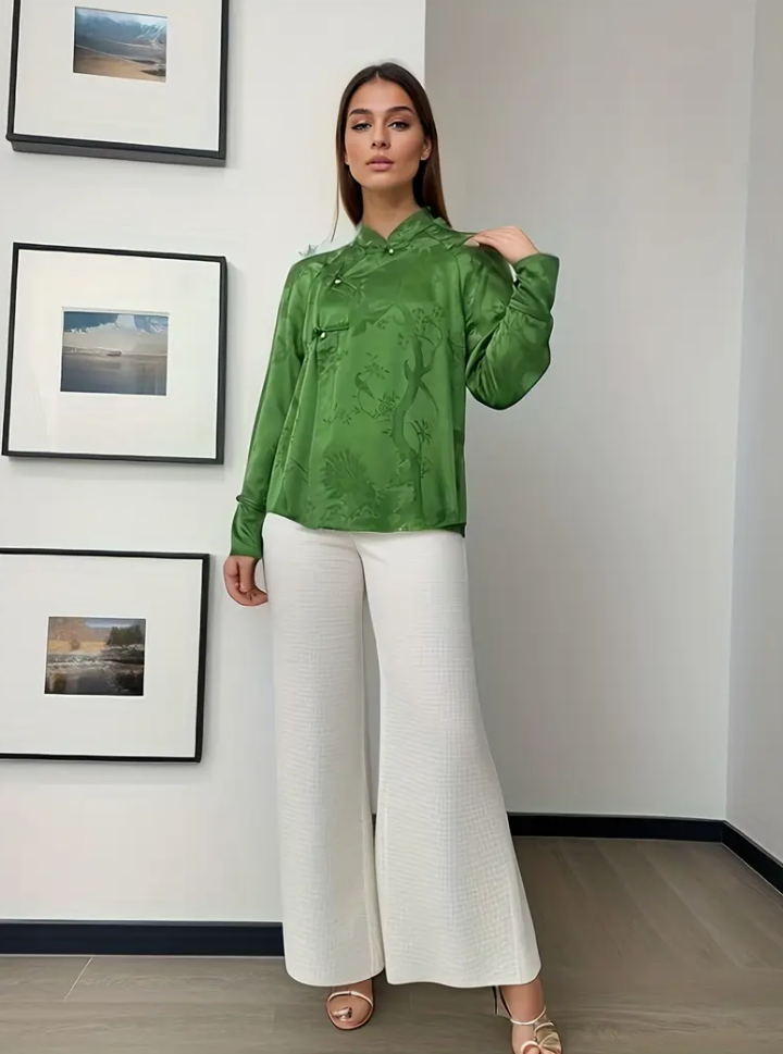 Floral embroidery beaded shirt, vintage style imitation collar long-sleeved shirt, suitable for spring and summer, women's wear