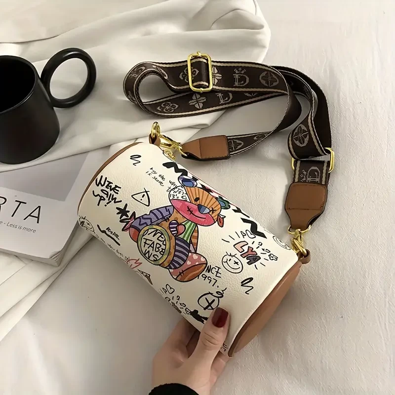 Fashion Graffiti Print Crossbody Bag, Trendy Shoulder Cylinder Bag, Women's Vintage Handbag & Barrel Purse