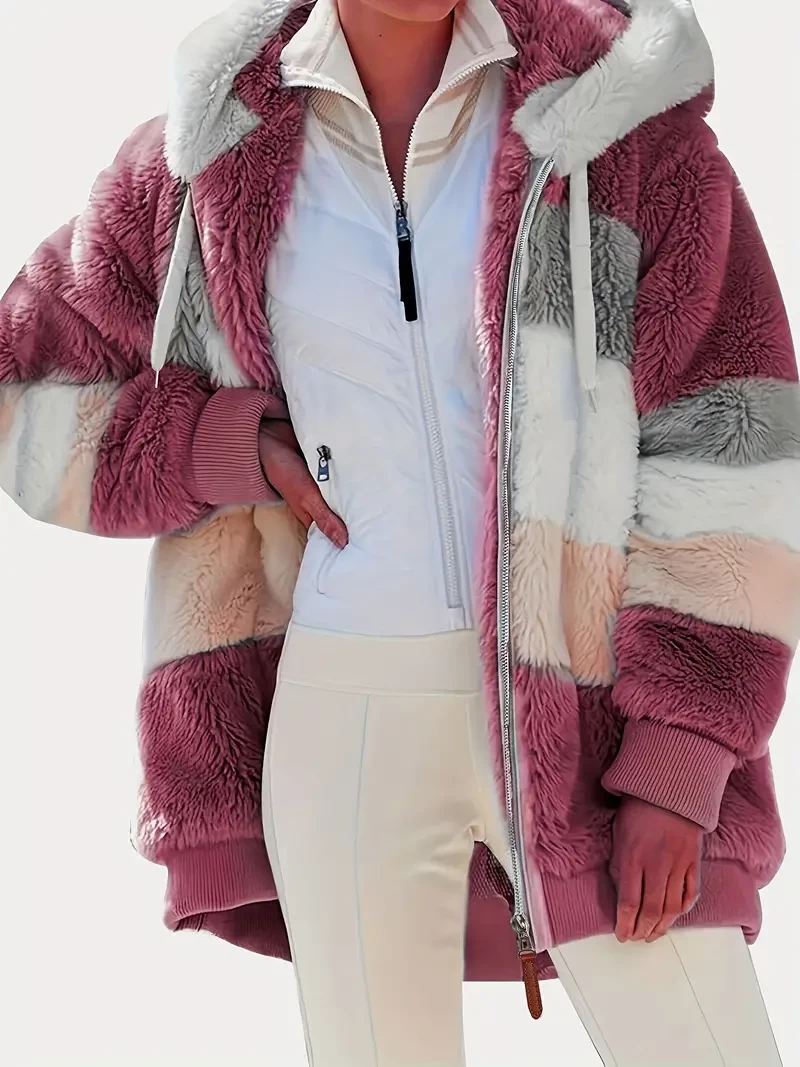 Color Block Fuzzy Hooded Coat, Casual Long Sleeve Winter Warm Outerwear, Women's Clothing