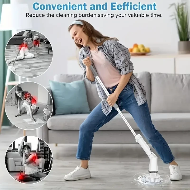 Set, Electric Cleaning Brush, Electric Spin Scrubber, Long Handle Scrubber, Bathtub Tile Scrubber With 6 Replaceable Brush Heads, 90-120Min Running Time Full Floor Bathroom Scrubber, 240/320RPM Cordle