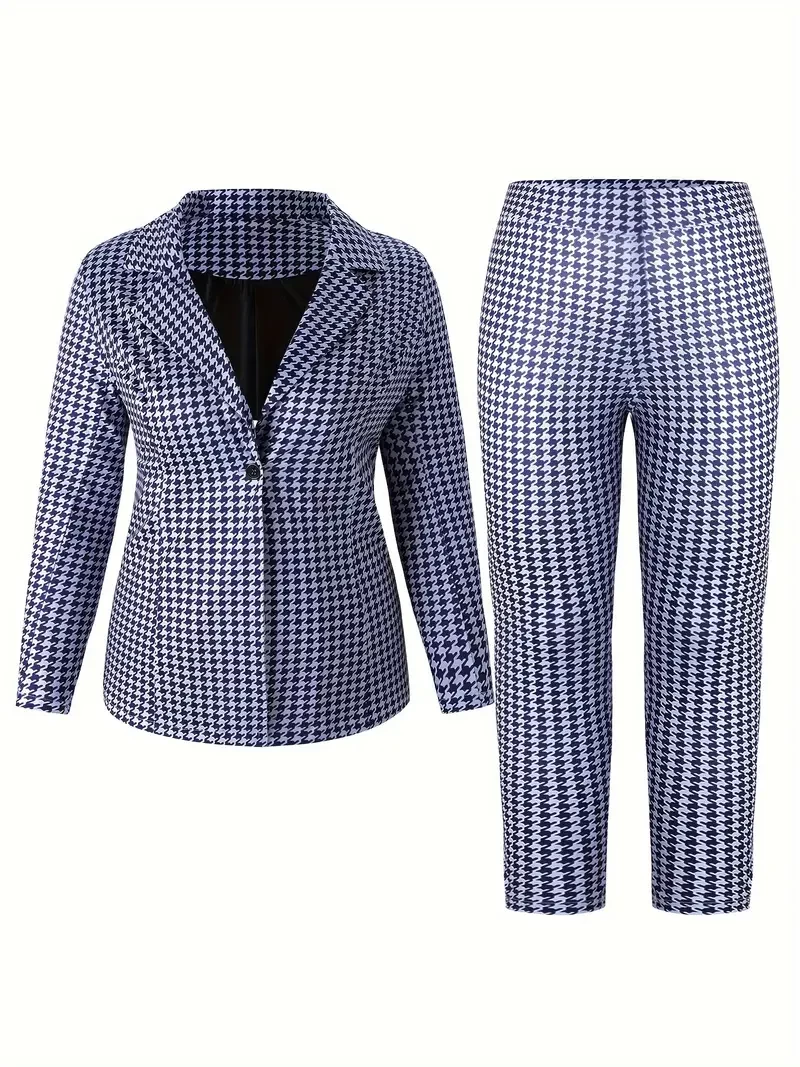 【 Size please note 】Plus Size Houndstooth Two-piece Set, Long Sleeve Lapel Blazer & Pants Outfits, Women's Plus Size Clothing