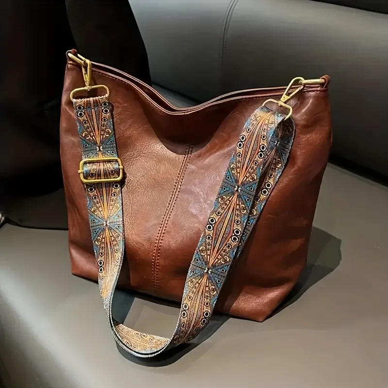Wide Geometric Strap Bag, Large Capacity Crossbody Bag For Girls, Retro Fashion Shoulder Bag