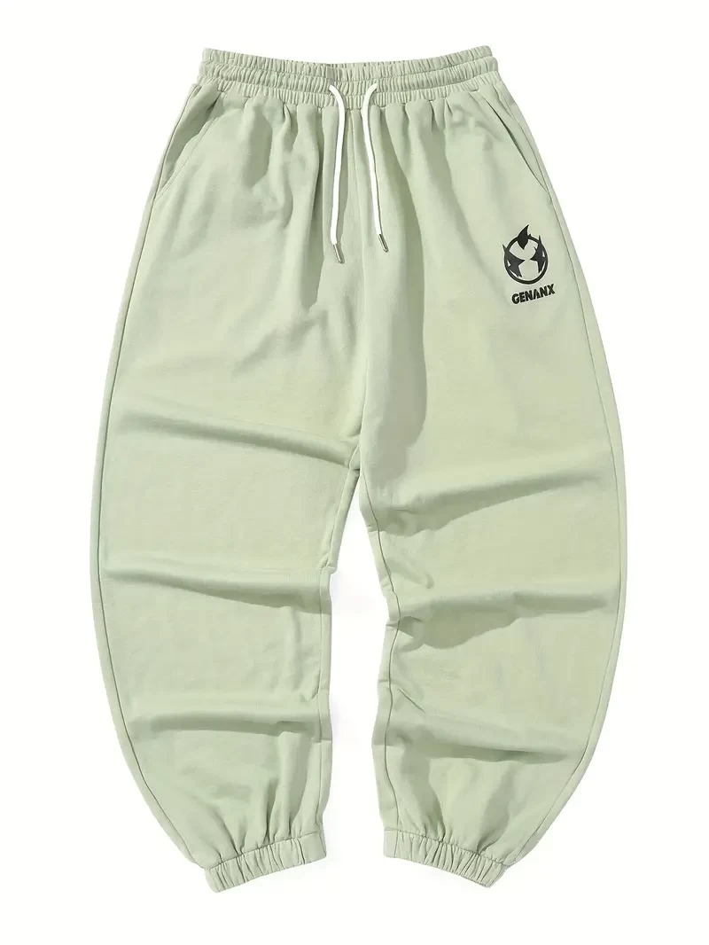 Men's Stylish 100% Cotton Loose GENANX Pattern Pants With Pockets, Casual Breathable Comfy Trousers For City Walk Street Hanging Outdoor Activities