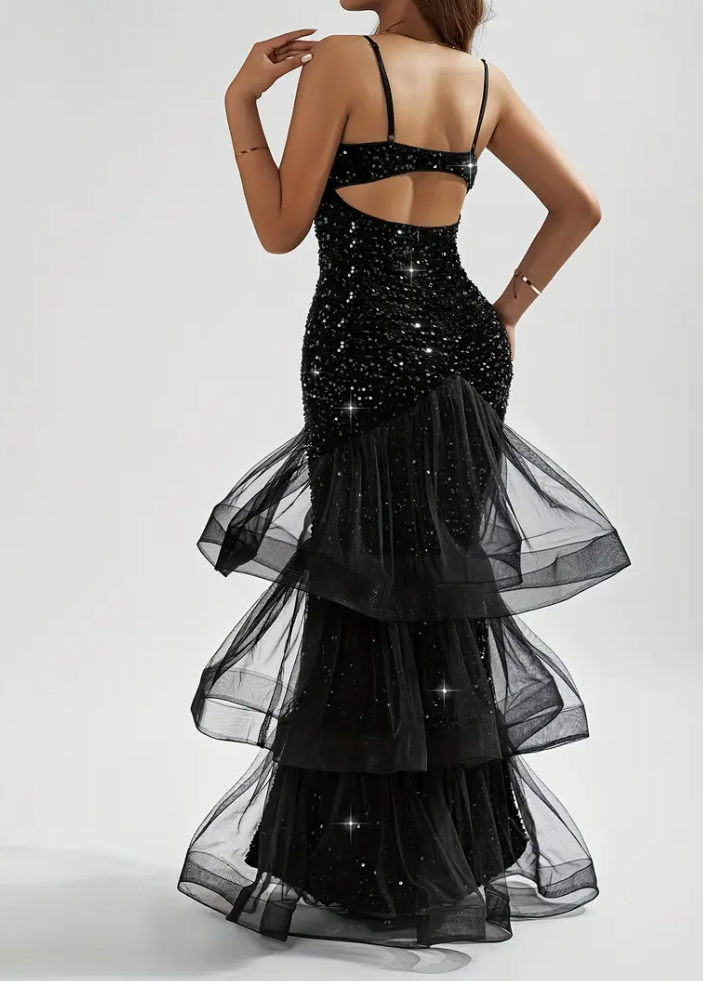 Sequin tiered hem halter dresses, elegant backless dresses, suitable for parties and banquets, women's wear