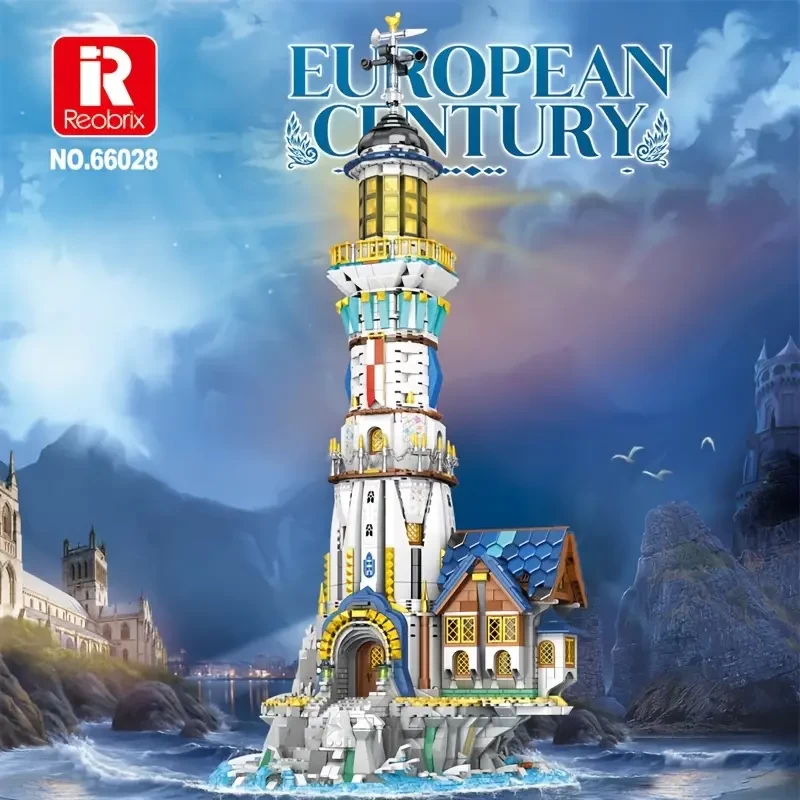 Reobrix 3228pcs Medieval Lighthouse Building Blocks Toy - Layered Quick Release Design - Built-in LED Light - Creative Decorative Building Blocks Christmas Gift - Desktop Three-dimensional Ornaments