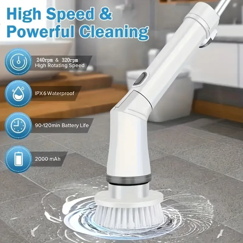 Set, Electric Cleaning Brush, Electric Spin Scrubber, Long Handle Scrubber, Bathtub Tile Scrubber With 6 Replaceable Brush Heads, 90-120Min Running Time Full Floor Bathroom Scrubber, 240/320RPM Cordle