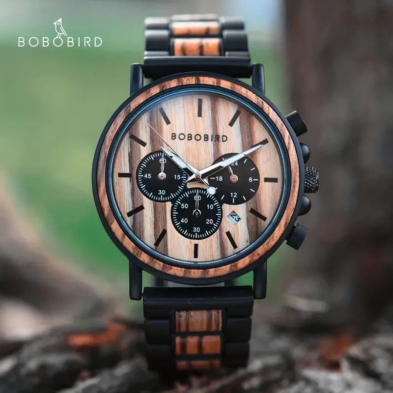 BOBO BIRD 1pc Men's Watch Stylish Composite Wood & Stainless Steel Combined Chronograph Quartz Casual Wristwatch, Ideal choice for Gifts