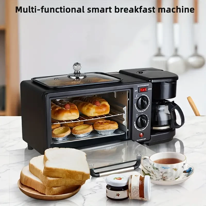 1pc 3-in-1 Breakfast Maker, Mini Electric Oven Toaster, 20.29 Oz Drip Coffee Maker, Non-stick Skillet, Sear Steaks, Mechanical Temperature Control And Timing Function, Kitchen Stuff Kitchen Accessorie