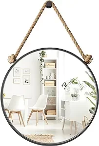 26 inch Coastal round mirror with suspension cord - base included - Nautical rope mirror for bathroom walls, living room or entrance space - Coastal home decor, beach house wall decor