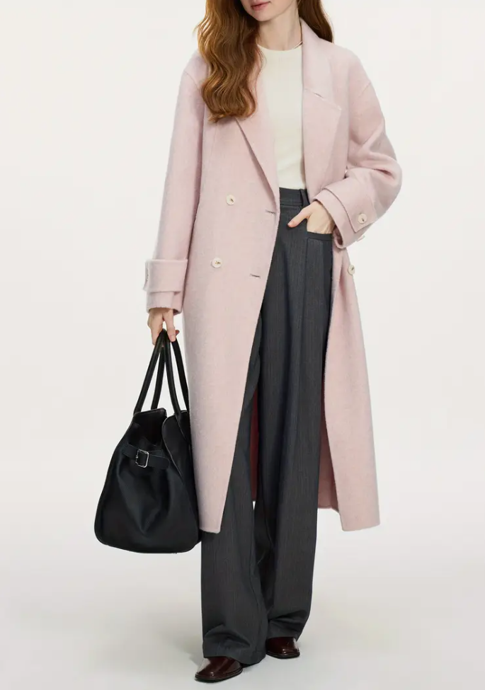 Women's elegant camel hair reversible Coat - Medium length, solid color with belt details, suitable for fall/winter, Vanessa, diamond cut, 14213