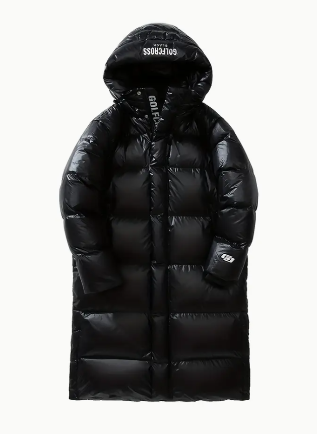 GOLFCROSS long hooded down coat - 90% goose down, glossy finish, warm waterproof winter coat with pockets, black, loose version, suitable for men and women, everyday casual style