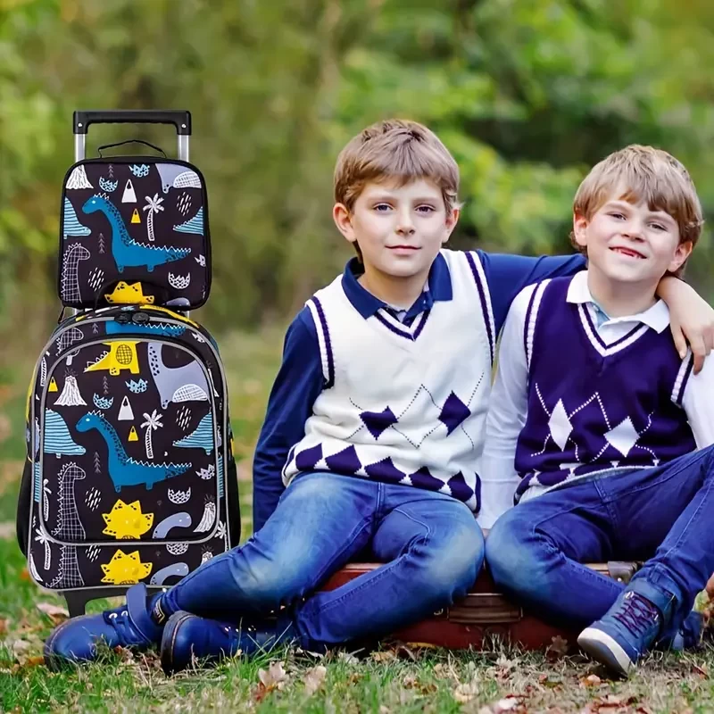 3pcs Rolling Backpack For Boys, Roller Wheels Kids Backpack, Wheeled Suitcase Elementary School Bag Dinosaur Green Blue Color