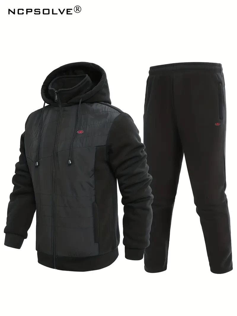 Men's Sports Suit, Active Solid Slightly Stretch Stand Collar Zip Up Thermal Hooded Jacket & Thick Comfy Pants For Winter