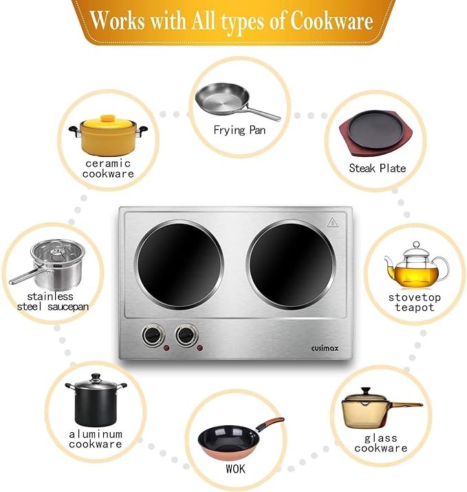CUSIMAX 1800W Ceramic Electric Hot Plate for Cooking, Dual Control Infrared Cooktop, Double Burner, Portable Countertop Burner, Glass Plate Electric Cooktop, Silver, Stainless Steel-Upgraded Version