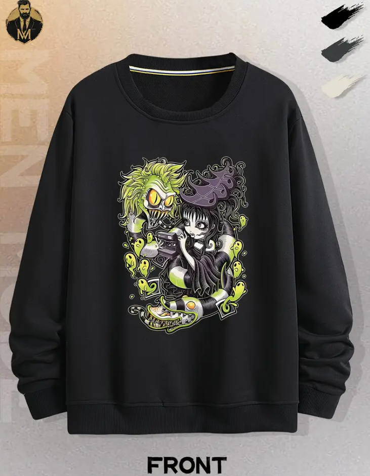 Creative Ghost print men's fashion crew-neck hoodie, loose version, classic rib-cuff, durable and comfortable, suitable for daily wear, outdoor travel men's hoodie, autumn and winter tops