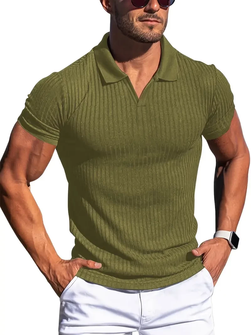 Men's V-neck Polo ribbed knit short sleeve golf jersey Muscle T-shirt