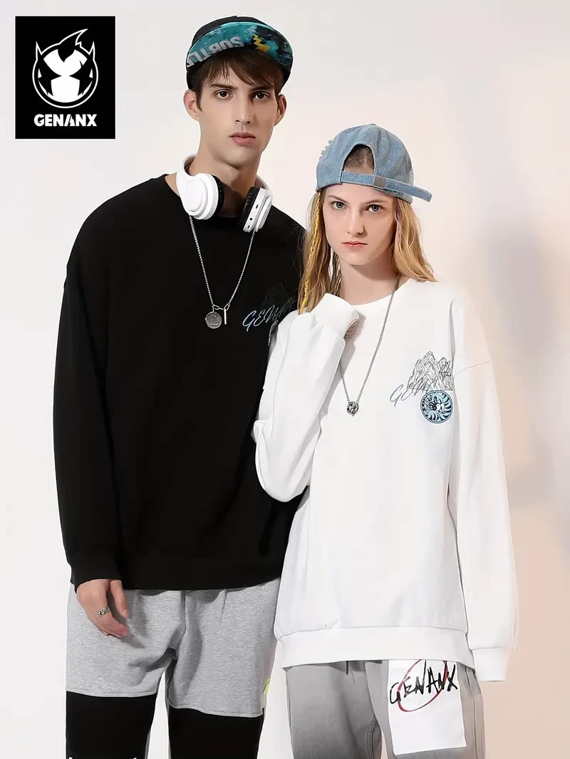 Genanx Men's Trendy Loose Fleece Sweatshirt, Casual Slightly Stretch Breathable Pullover Top For Outdoor