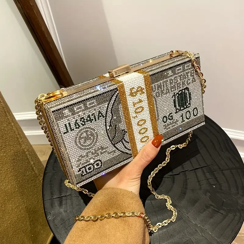 Dollar Shaped Novelty Clutch, Glitter Rhinestone Evening Bag, Shiny Handbag, Shoulder Bag & Crossbody Purse For Wedding Party Prom Cocktail Banquet For Carnaval