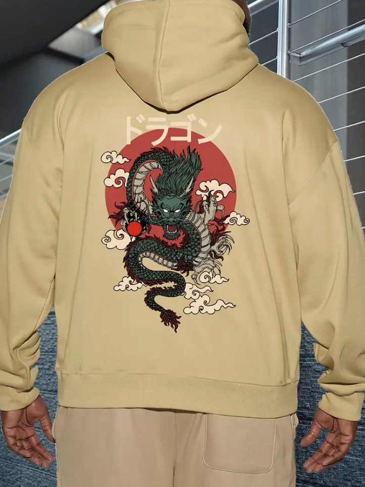 Men's plus size Japanese Dragon pattern hoodie, casual polyester 100% knitted fabric, regular version, hooded collar style, plus size