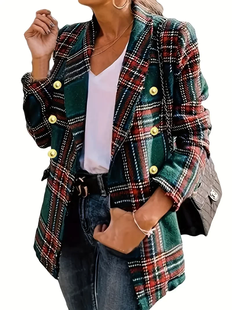 【 Size please note 】Plus Size Casual Blazer, Women's Plus Plaid Print Button Decor Long Sleeve Shawl Collar Blazer