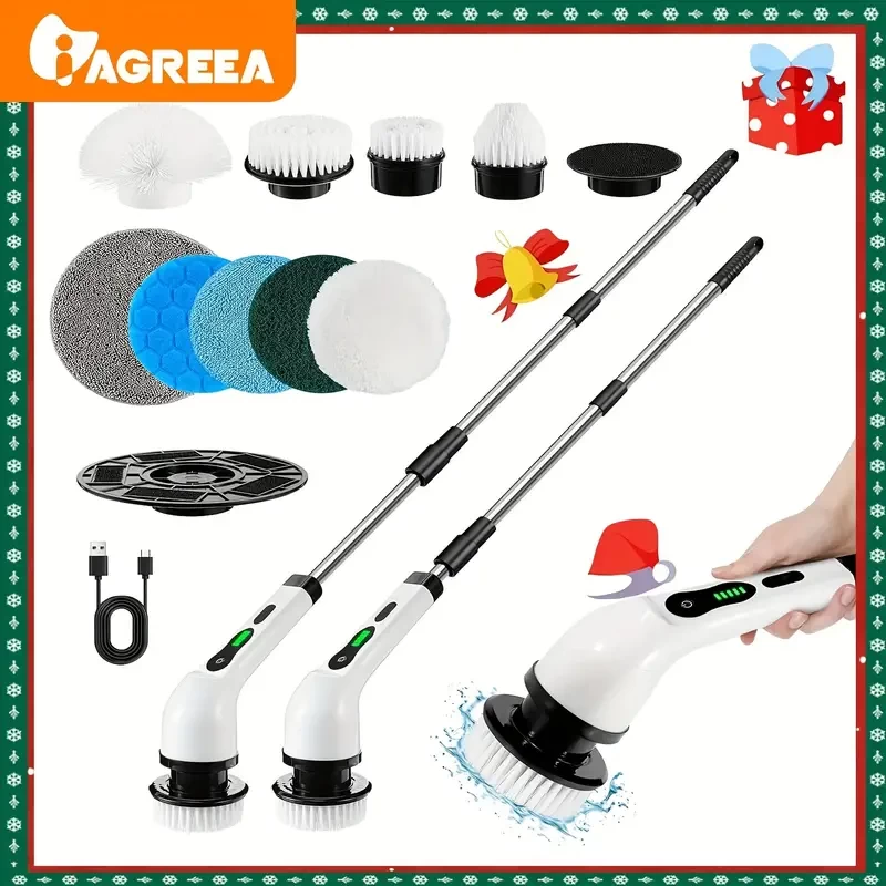 1set, Electric Cleaning Brush, Electric Rotary Floor Scrubber, Wireless Electric Rotary Scrubber, Replaceable 8 Brush Heads And Adjustable Extension Handle, 360 Cordless Cleaning Brush For Bathroom, B