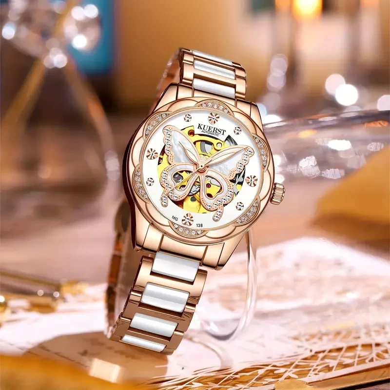 KUERST Women's Butterfly Steel Ceramic Belt Multi-functional Waterproof Automatic Mechanical Watch, Pointer Luminous Hollow Back-to-school Fashion Watch, Ideal choice for Gifts