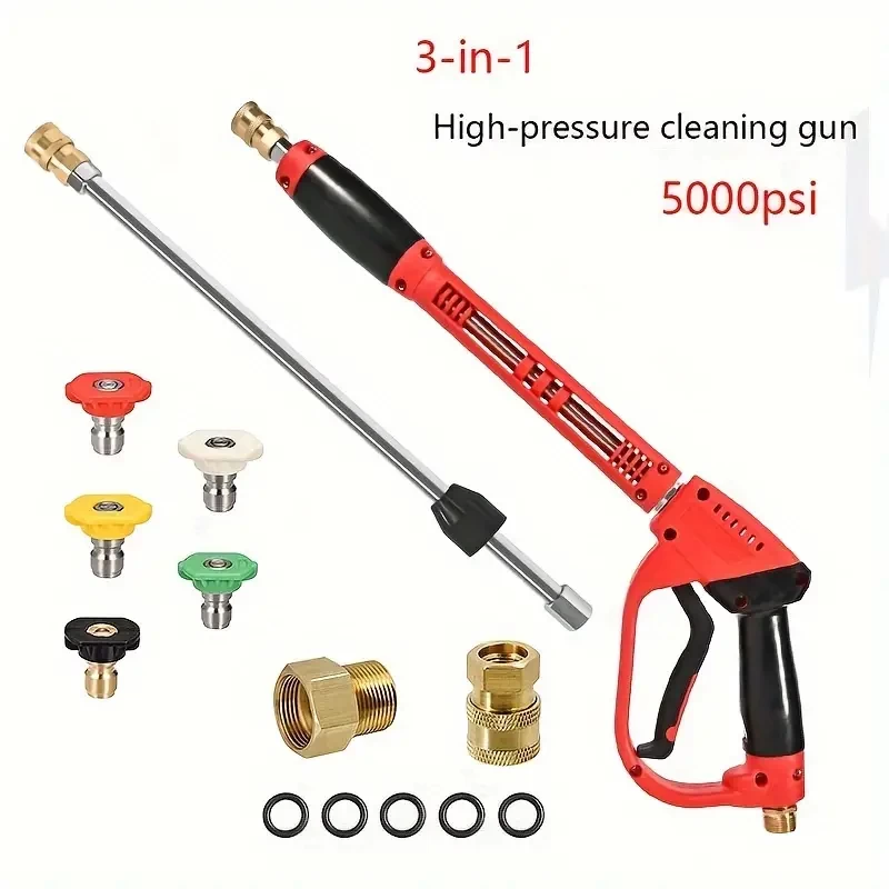 1pc High Pressure Washer Gun, Red High Power Washer Gun With Replacement Wand Extension, M22-14 Conversion M22-15 Multifunctional High Pressure Water Gun, 5 Nozzle Tips, 40in, 5000 PSI