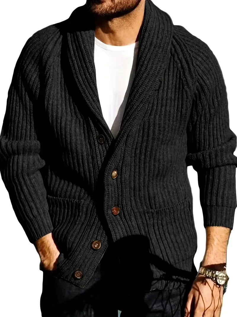 3 men's mid-length loose knit cardigan, fashion cape collar long-sleeved cardigan, winter chunky warm button sweater coat