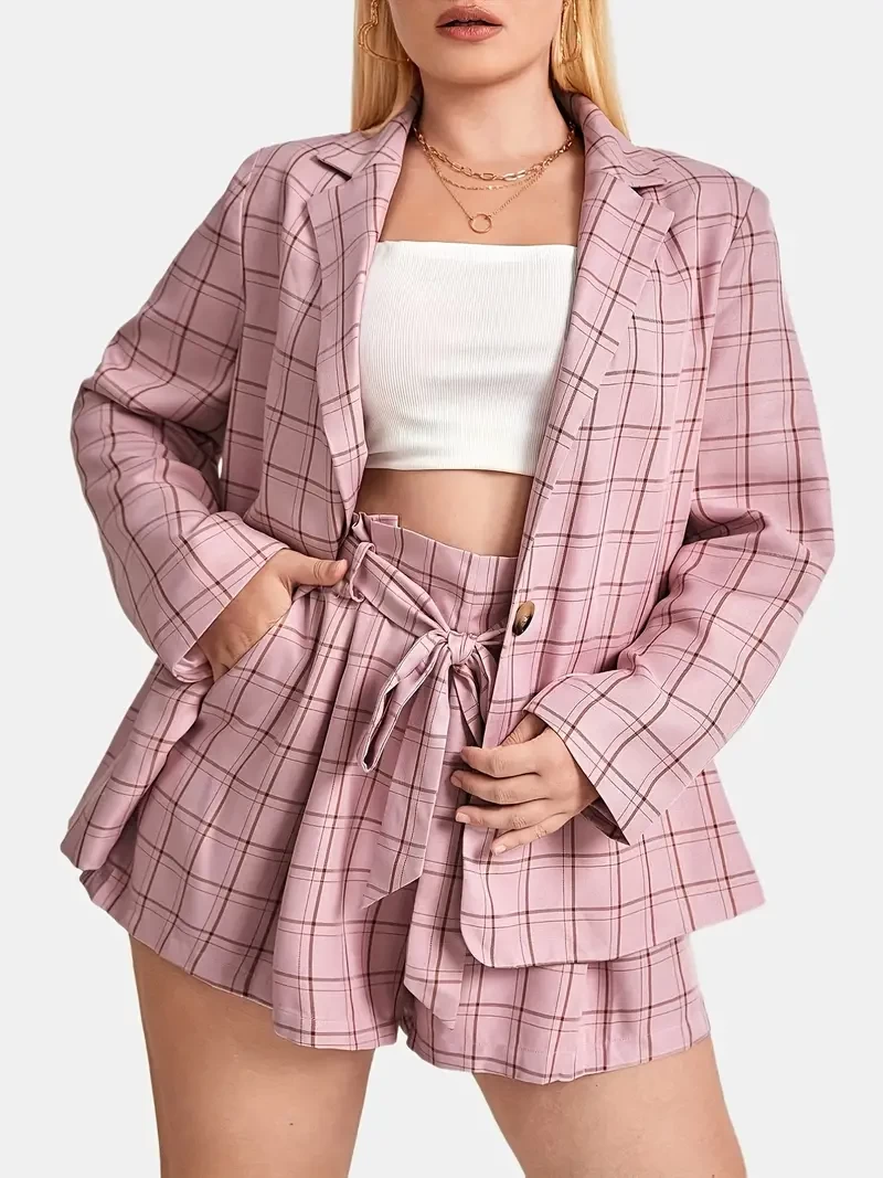 Plus Size Casual Suit Set, Women's Plus Grid Print Long Sleeve Single Breast Button Suit Coat & Belted Shorts Suit Two Piece Set