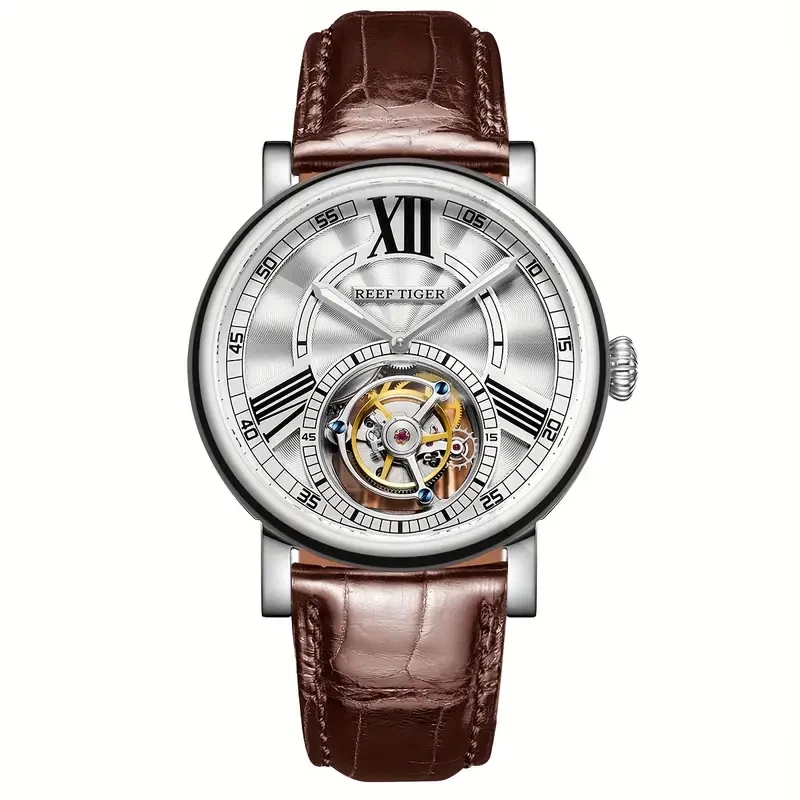 REEF TIGER Carved Real Tourbillon Pure Manual Winding Mechanical Watch Men's Watch, Master Mechanical Watch Business Gentleman Men's Watch, Ideal choice for Gifts