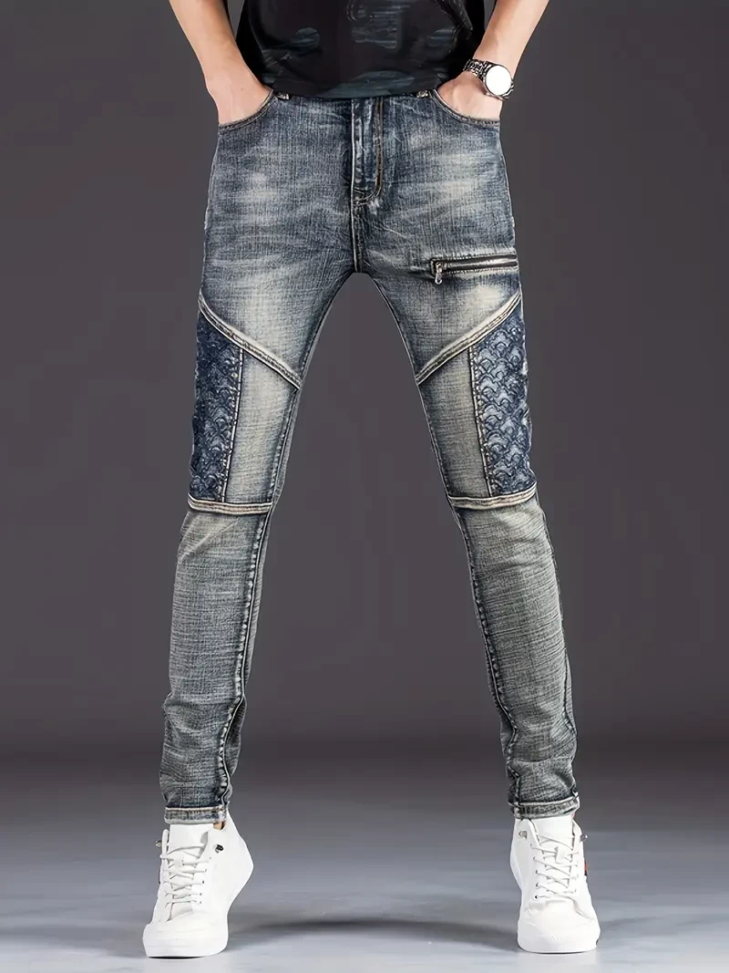 Men's Casual Skinny Biker Jeans, Street Style Chic Medium Stretch Denim Pants