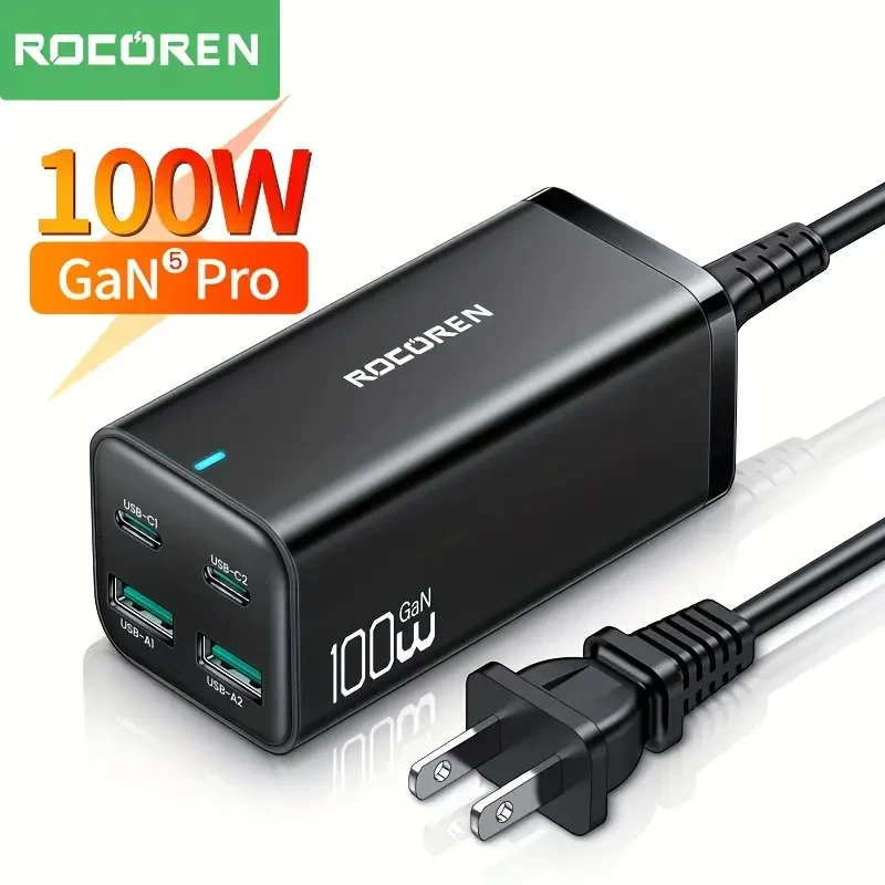 100W GaN Desktop Charger with Quick Charge 4.0, 5.0 & 3.0 PD USB-C Type C for MacBook Pro, iPhone & Samsung Laptops