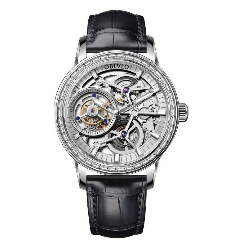 OBLVLO Side Transparent Tourbillon Mechanical Watch Mechanical Watch Square Drill Transparent Waterproof Hollow Wrist Watch