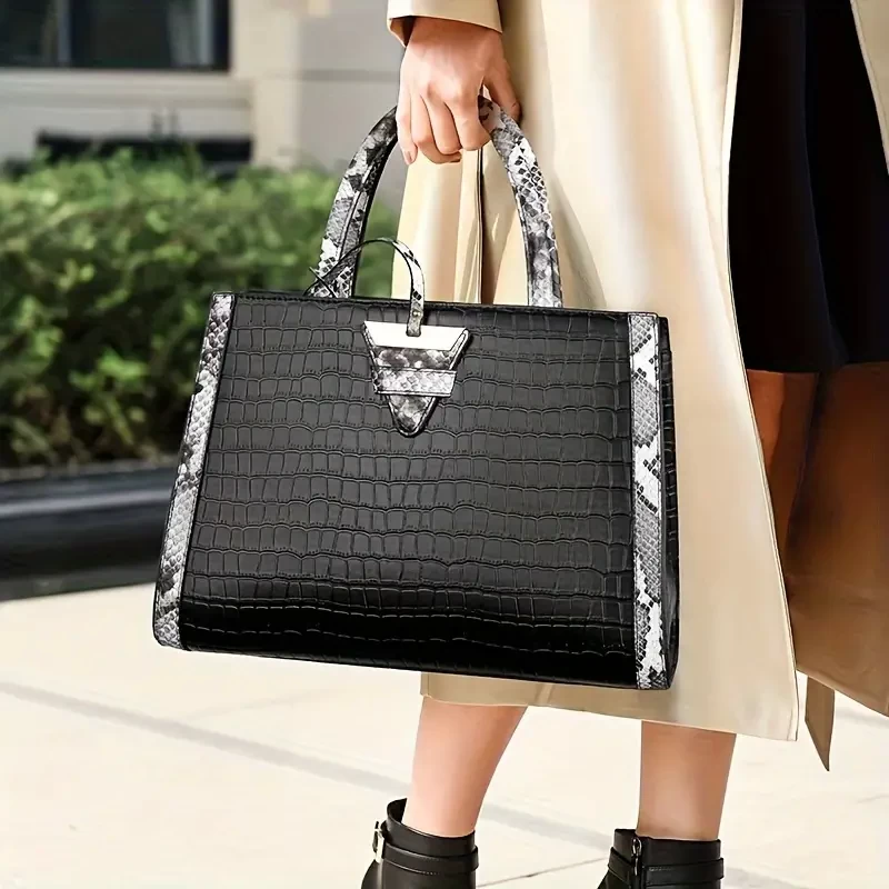 Elegant Snake Skin & Crocodile Pattern Tote Bag, Classic Women's Handbag For Work