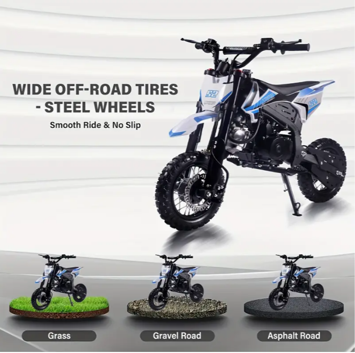 Teen four-stroke dirt bike, 72cc, carbon steel frame, weather resistance, pull start, sport theme, 36 "height, 51.9x19x36" size, supports up to 210 pounds, suitable for ages 14 and up, top speed 20 MP