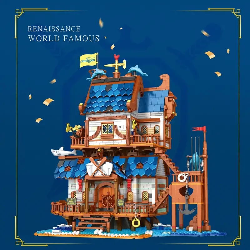 Reobrix 2450pcs European Century Fishing House Block Model Medieval Tree House Seaside Street View Halloween Gift Adult Furniture Decoration Toys Children's Holiday Gift