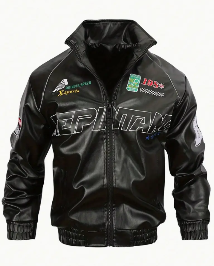 Men's leather jacket, 2024 new stand-up collar motorcycle wear PU jacket, stylish lettering and embroidered casual coat