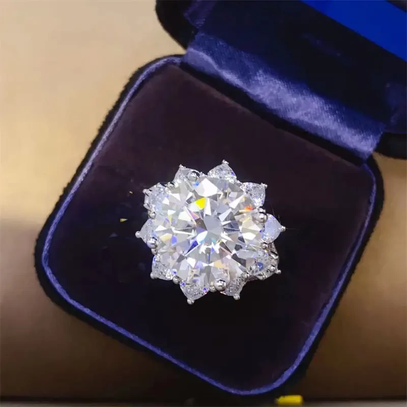 1pc 10ct Sunflower Moissanite Ring, 925 Silver Jewelry Gift For Girls