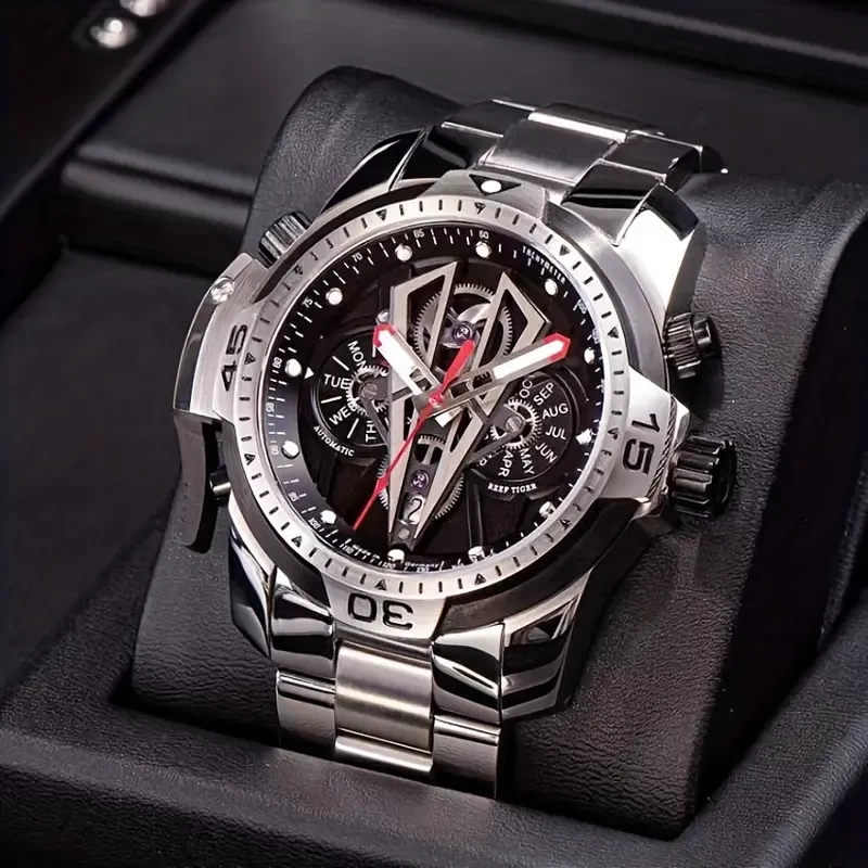 REEF TIGER Watch With Steel Band, Large Dial Mechanical Fully Automatic Waterproof Wristwatch