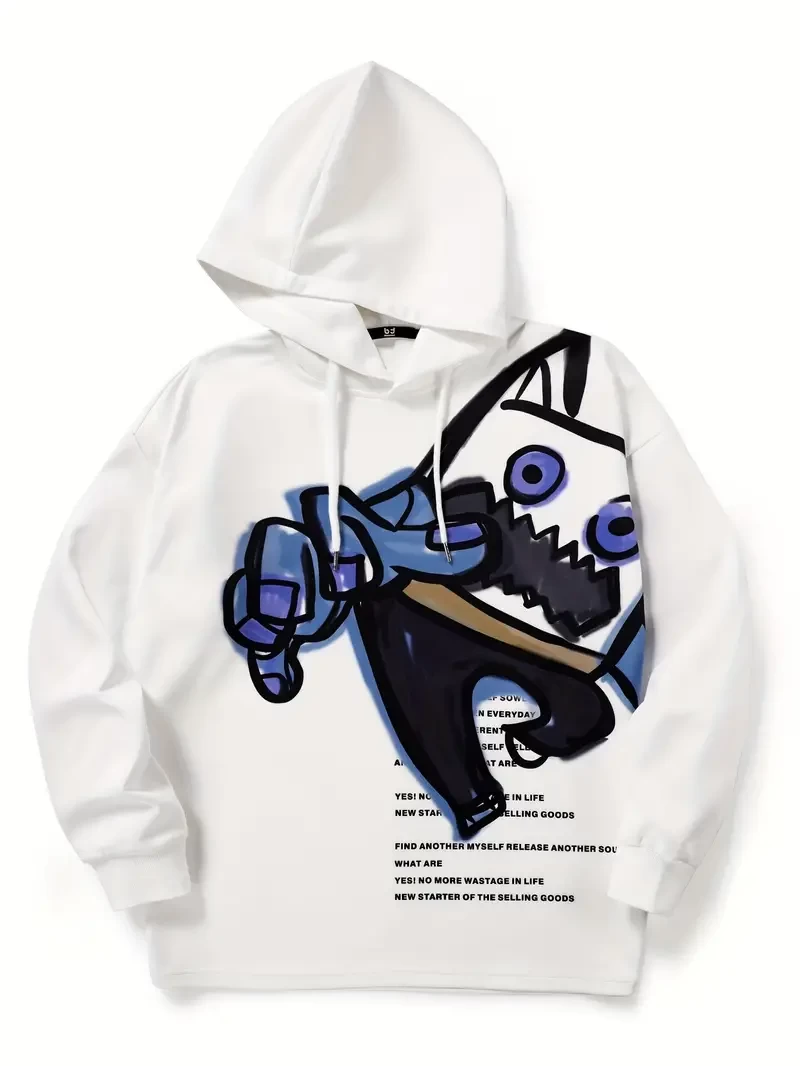 Men's Stylish Loose Monster Pattern Hoodie With Pockets, Casual Slightly Stretch Breathable Long Sleeve Hooded Sweatshirt For City Walk Street Hanging Outdoor Activities