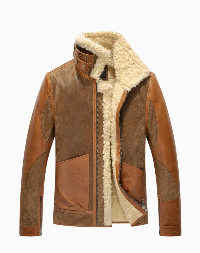 Men's Premium Lambskin Bomber Jacket - Warm aviator style Winter coat with faux fur trim, zipper closure and pockets, casual version, fall jacket | stylish leather look | pigskin leather, leather jack