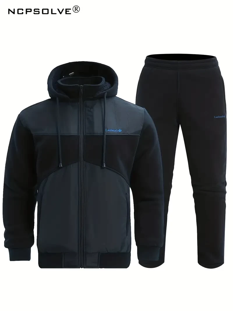 Classic Men's Warm Athletic 2Pcs Tracksuit Set Casual Full-Zip Sweatsuits Long Sleeve Hoodie And Jogging Pants Set For Gym Workout Running Winter Fall