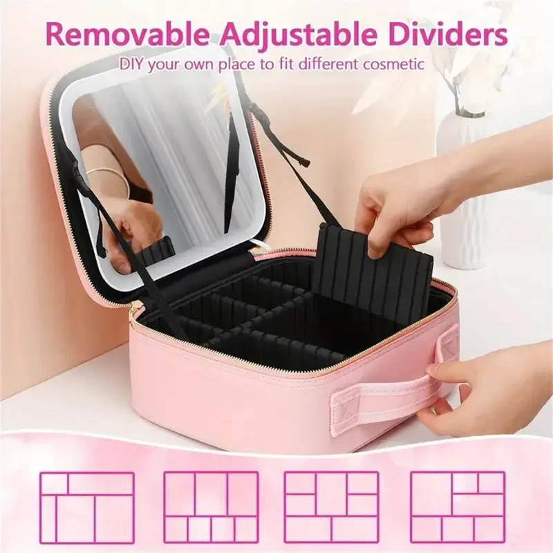 Travel Makeup Bag With LED Lighted Make Up Case With Mirror 3 Color Setting Cosmetic Makeup Box Organizer Vanity Case For Women Beauty Tools Accessories Case Rechargeable