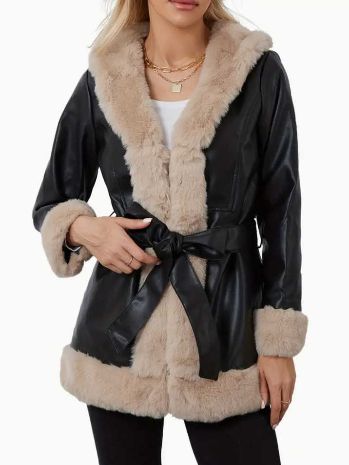 A women's casual faux leather jacket with plush faux fur trim, open design, warm cardigan with belt, suitable for autumn and winter - solid polyester knit coat
