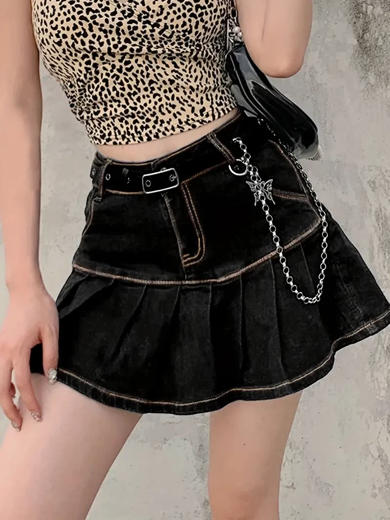 Women's casual slim A-line pleated ruffled short denim skirt