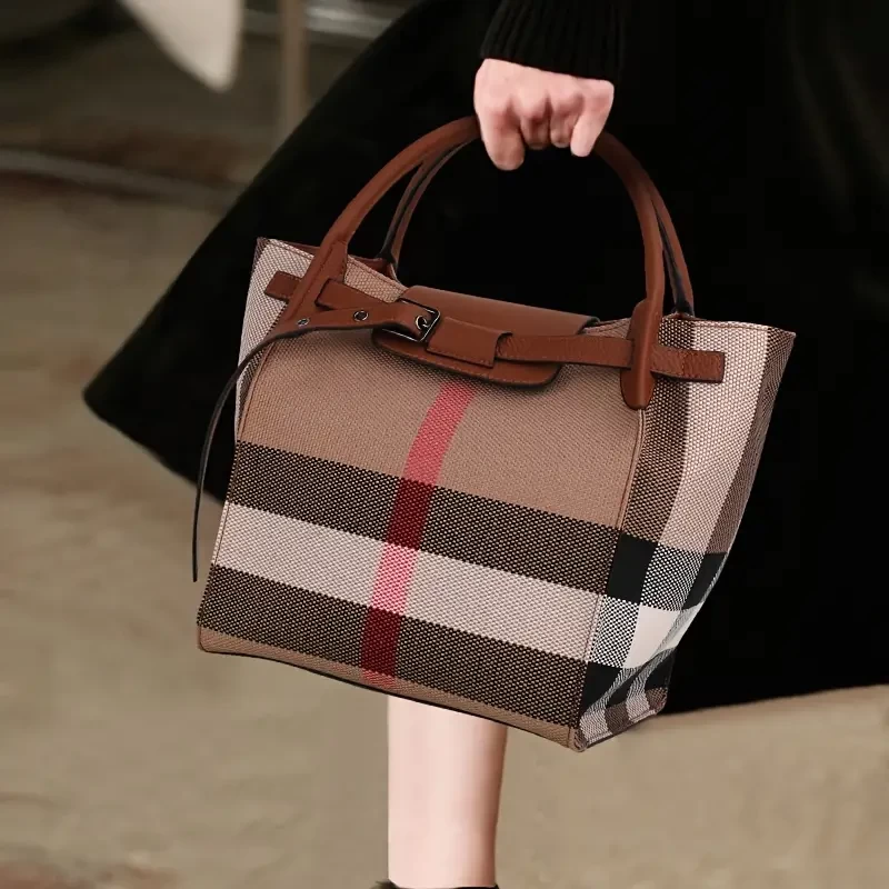 Luxury Plaid Pattern Tote Bag, Genuine Leather Shoulder Bag, Women's Handbag & Satchel Purse